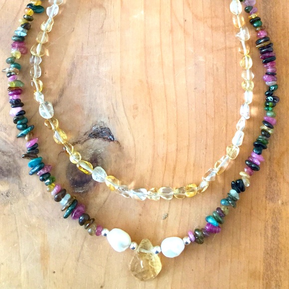 Citrine Tourmaline Pearl Silver Necklace - Picture 5 of 8